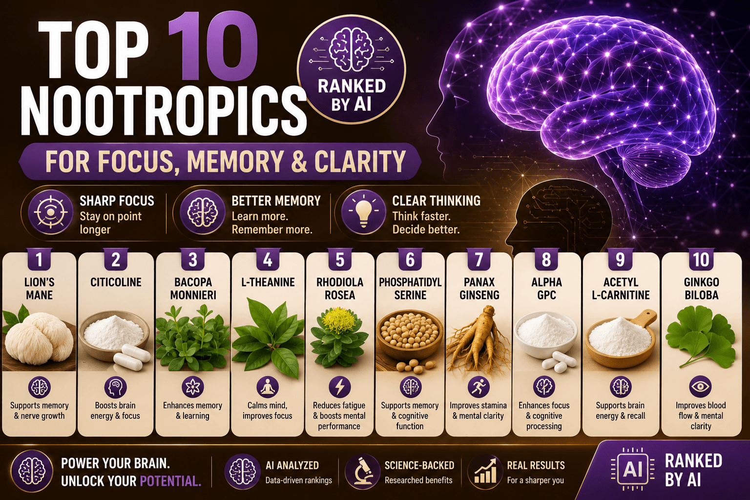 You are currently viewing Top 10 Nootropics Ranked by AI for Focus, Memory & Clarity