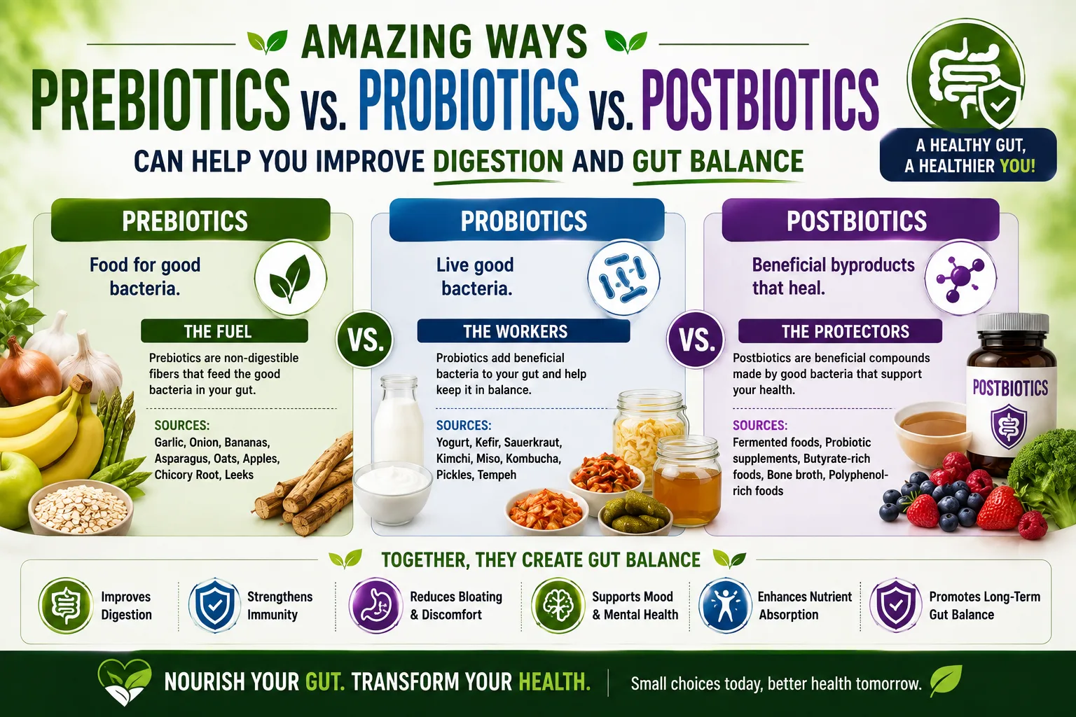 Read more about the article Amazing ways prebiotics vs. probiotics vs. postbiotics can help you improve digestion and gut balance.